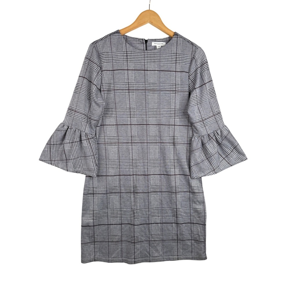beachlunchlounge Women's Gray Glen Plaid Bell Sleeve Shift Dress Sz Medium